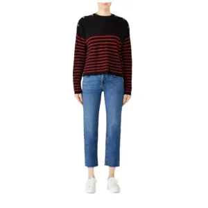 THE KOOPLES Womens Sweater Black Red Striped Buttoned Shoulder $395 Size 1 /US S