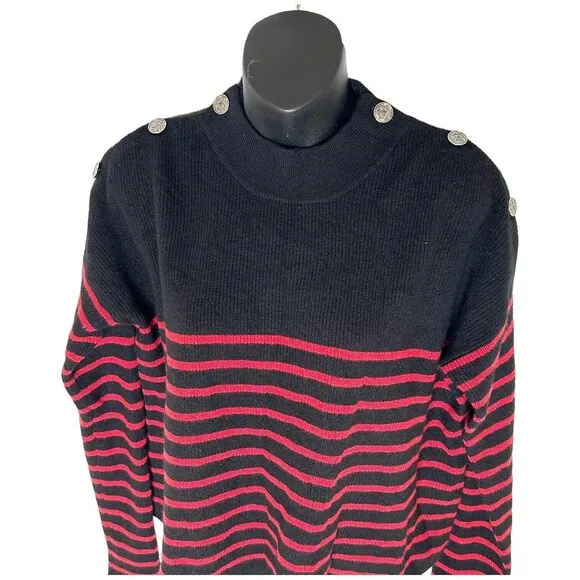 THE KOOPLES Womens Sweater Black Red Striped Buttoned Shoulder $395 Size 1 /US S