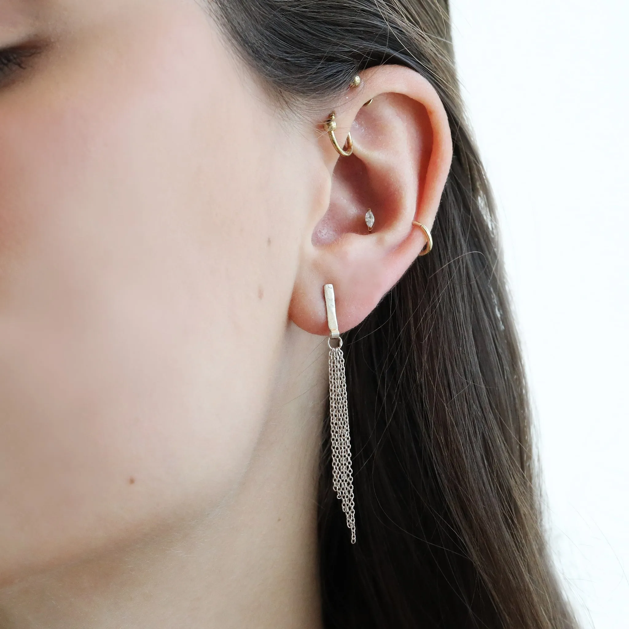 The "Olive" Sterling Silver Post Earrings with Angled Chain Fringe Attached to a Flat Bar
