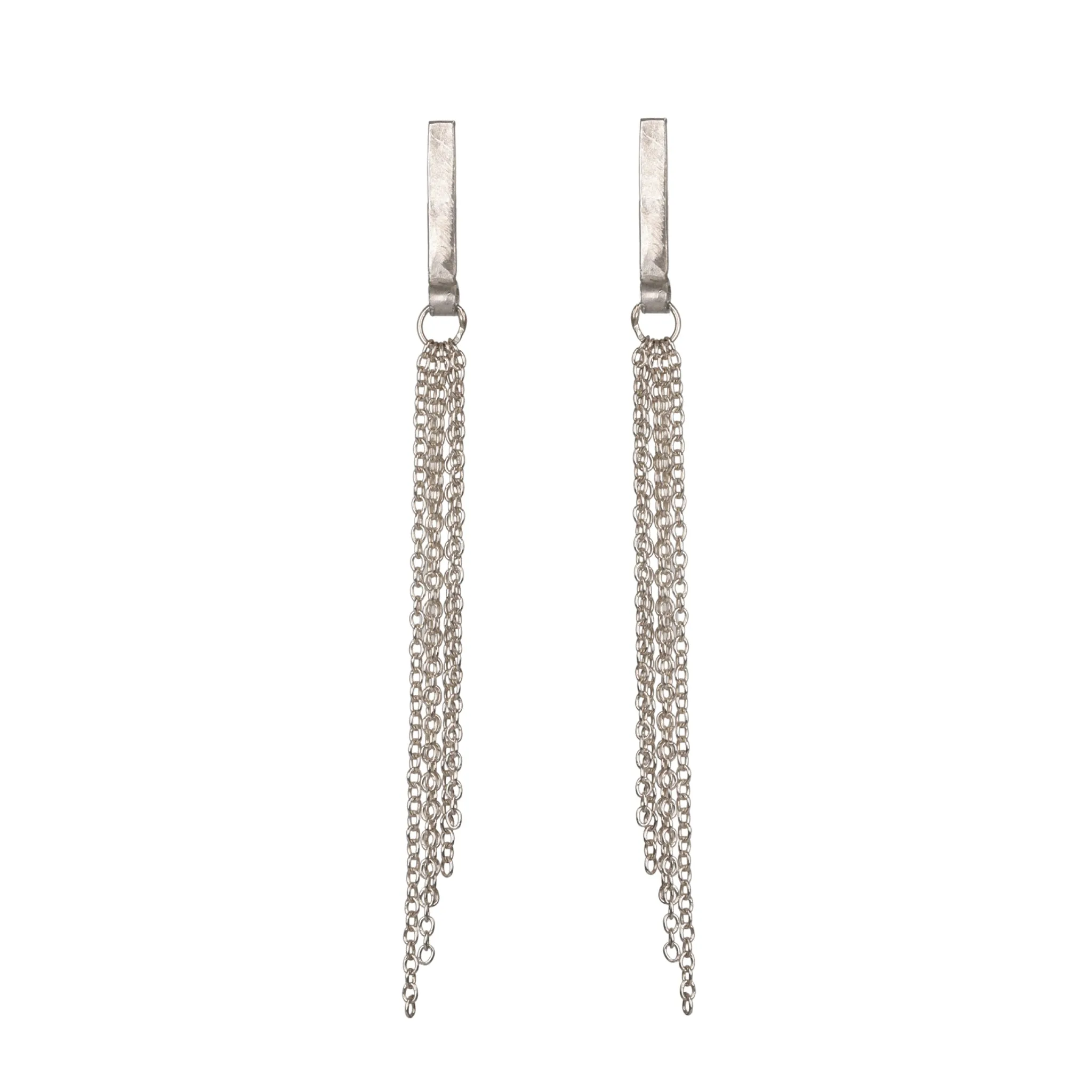 The "Olive" Sterling Silver Post Earrings with Angled Chain Fringe Attached to a Flat Bar
