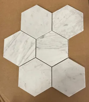 Tilefornia Italian Carrara White Marble 5" Hexagon Mosaic Tile Polished/Honed