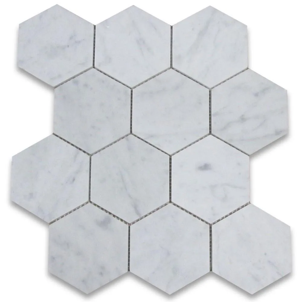 Tilefornia Italian Carrara White Marble 5" Hexagon Mosaic Tile Polished/Honed