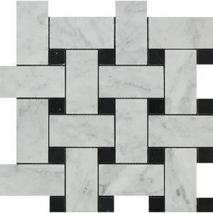 Tilefornia Italian Carrara White Marble Large Basketweave Mosaic Tile w/ Black Marble DotsPolished/Honed