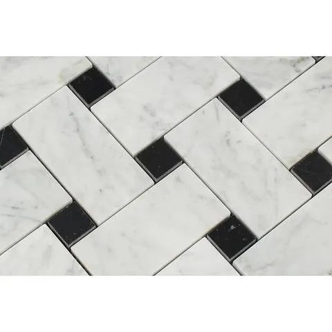 Tilefornia Italian Carrara White Marble Large Basketweave Mosaic Tile w/ Black Marble DotsPolished/Honed