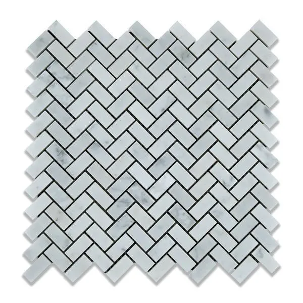 Tilefornia Italian Carrara White Marble Mini  Herringbone Mosaic Tile Polished/Honed