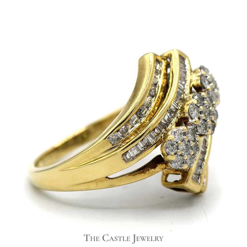 Triple Flower Cluster Ring with Baguette and Round Diamond Accents in 10k Yellow Gold
