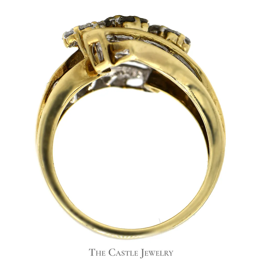 Triple Flower Cluster Ring with Baguette and Round Diamond Accents in 10k Yellow Gold