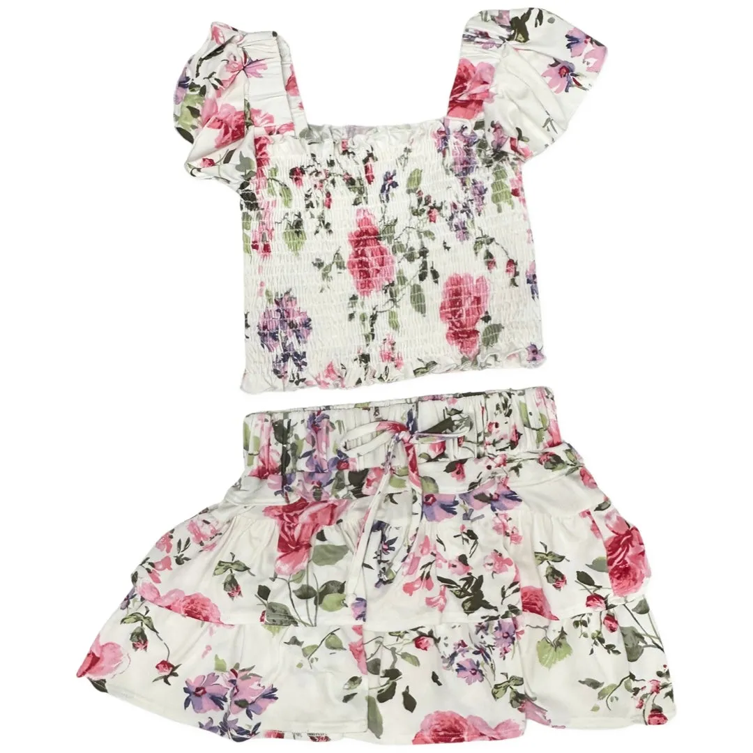 Tweenstyle by Stoopher Ivory Rose Floral Smocked Crop Top w/Ruffle Sleeve