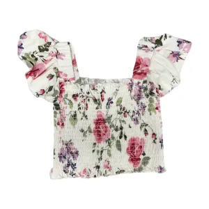 Tweenstyle by Stoopher Ivory Rose Floral Smocked Crop Top w/Ruffle Sleeve