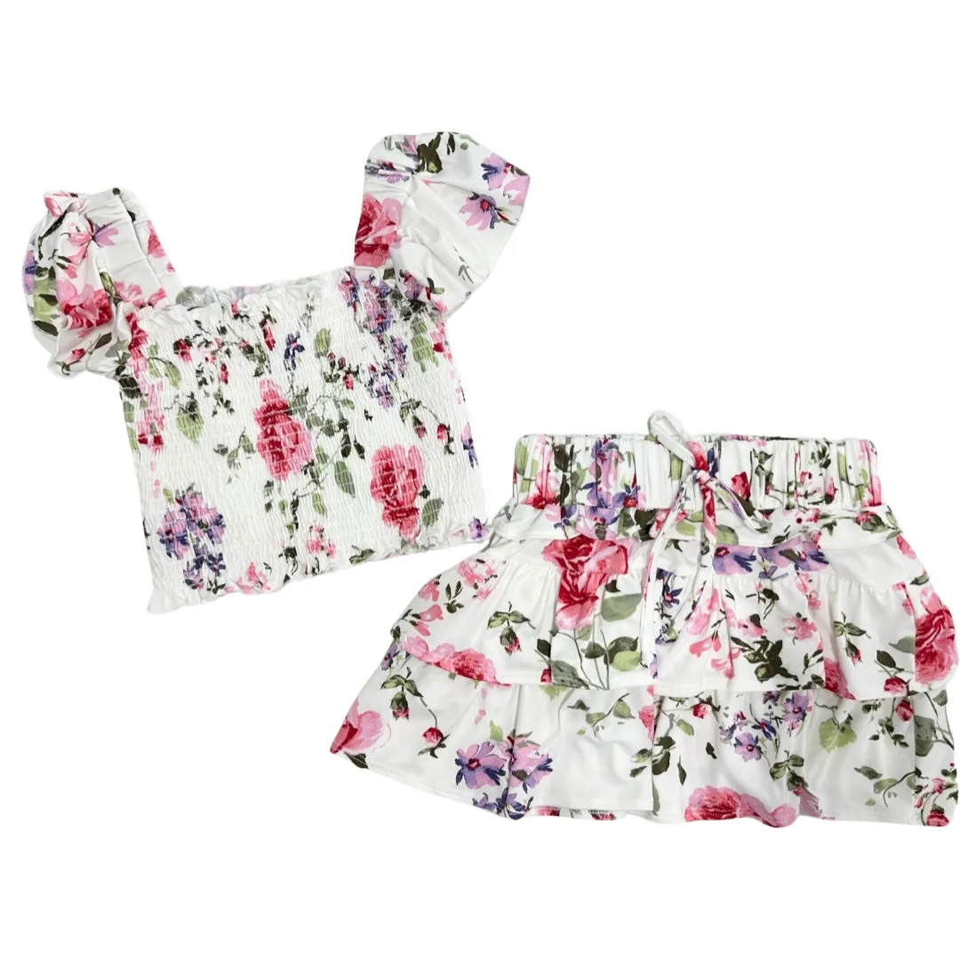 Tweenstyle by Stoopher Ivory Rose Floral Smocked Crop Top w/Ruffle Sleeve