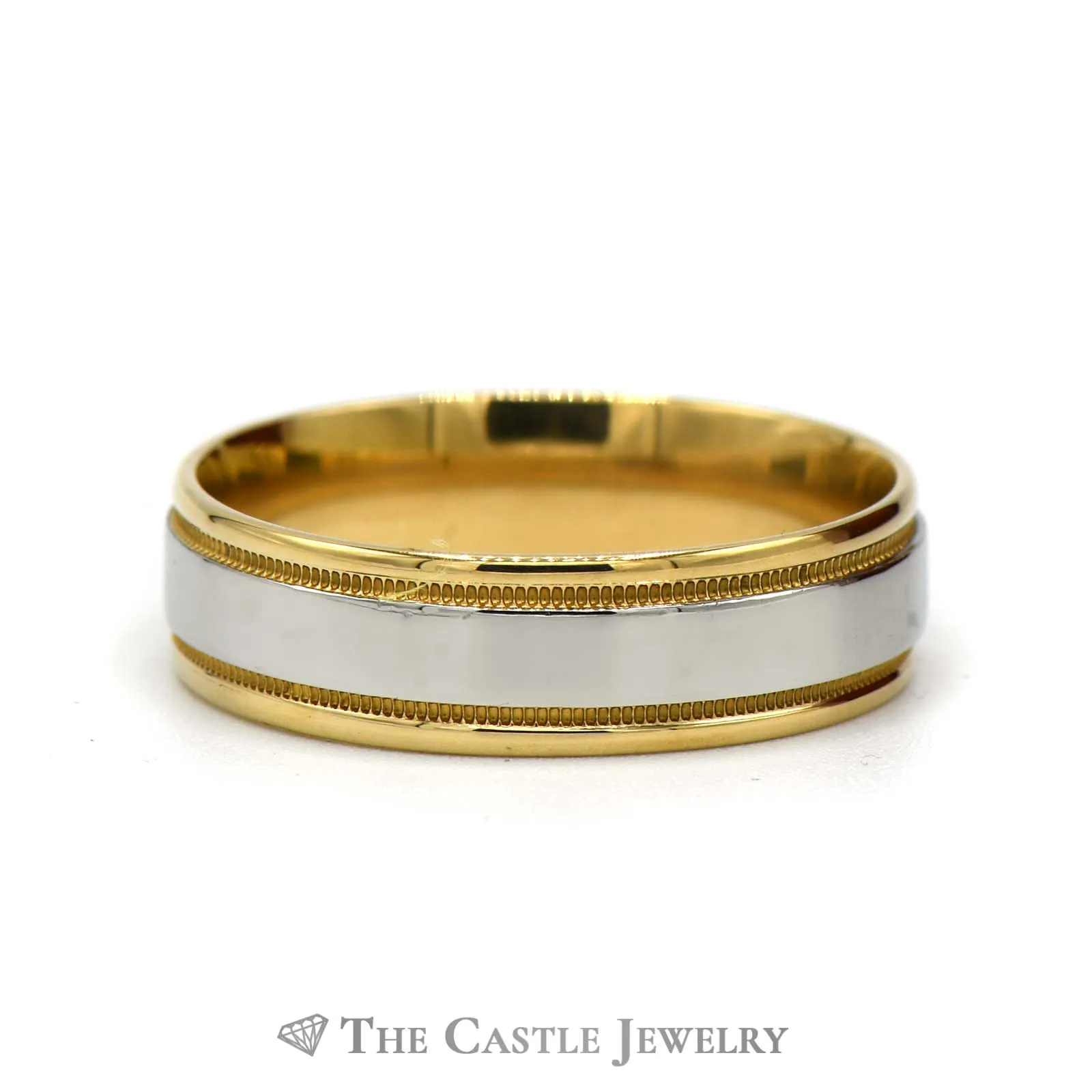 Two Tone 18k Yellow Gold and Platinum 6.75mm Wedding Band with Milgrain Edge