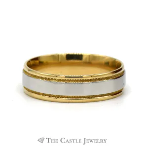 Two Tone 18k Yellow Gold and Platinum 6.75mm Wedding Band with Milgrain Edge