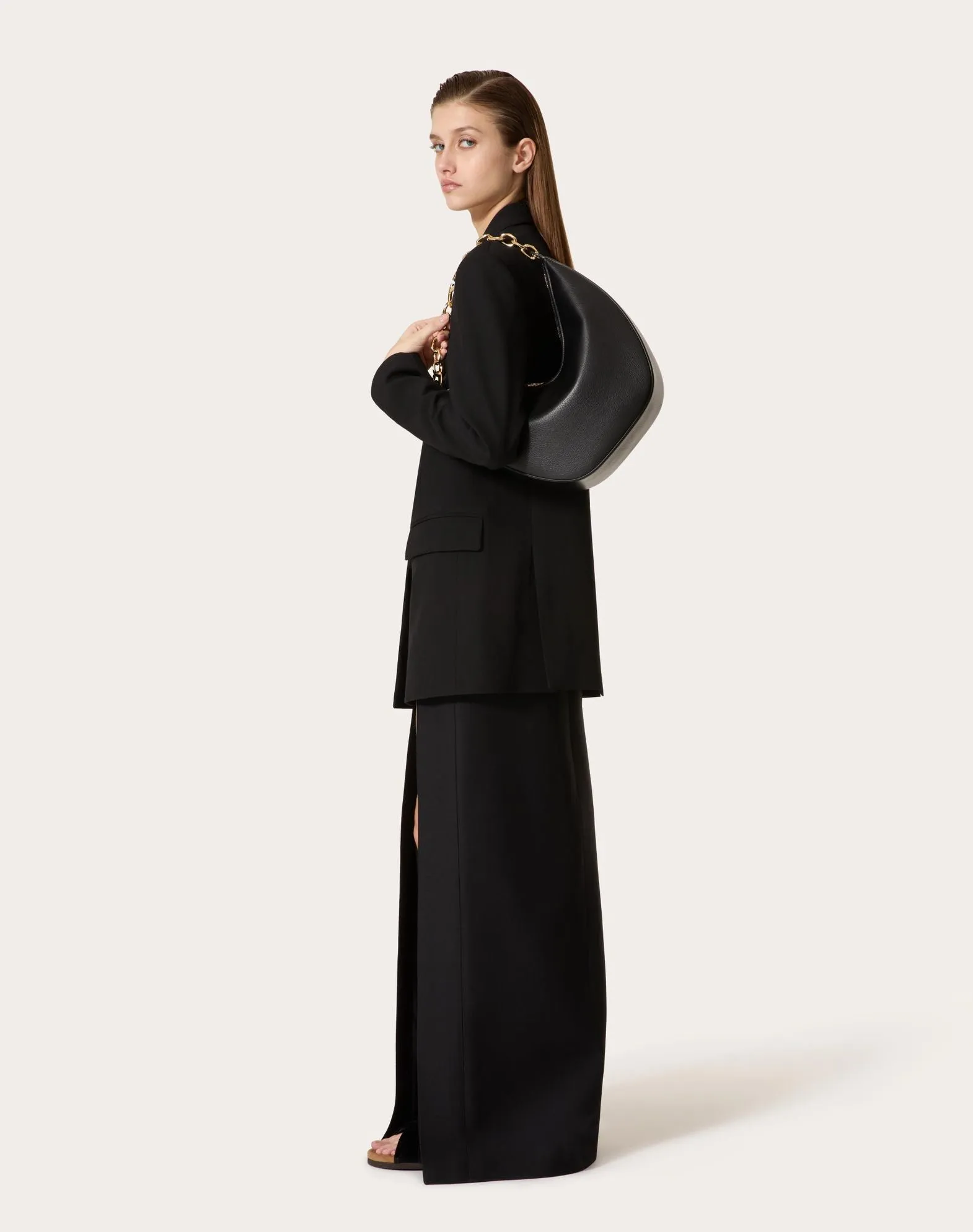 Vlogo Moon Medium Grainy Calfskin Hobo Bag With Chain