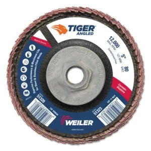Weiler® Tiger Angled Flap Disc, 5 in Dia, 80 Grit, 5/8 in-11 Arbor, 12000 rpm, 51323
