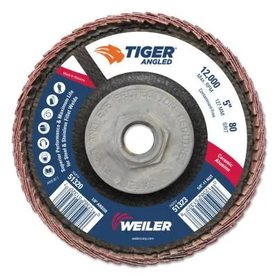 Weiler® Tiger Angled Flap Disc, 5 in Dia, 80 Grit, 5/8 in-11 Arbor, 12000 rpm, 51323