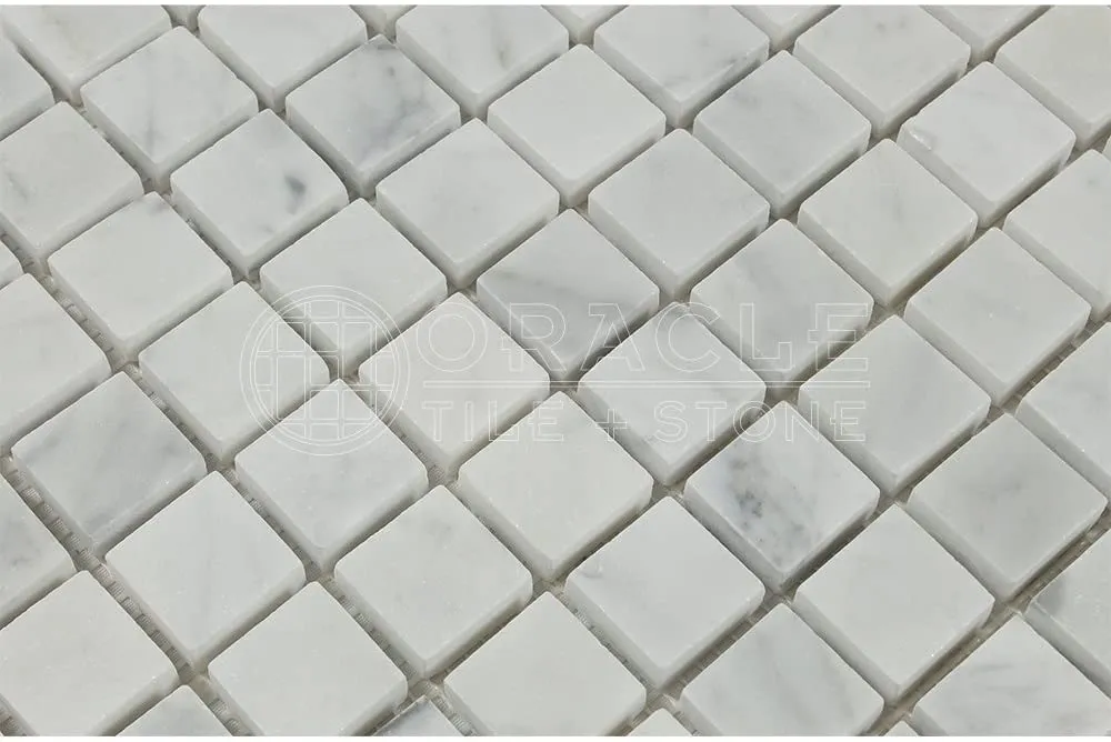 White Carrara Marble Polished Mosaic 1x1 Tiles for Backsplash, Shower Walls, Bathroom Floors