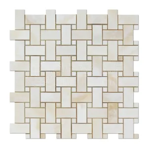 White Onyx Basketweave Mosaic Tile with White Onyx Dots, Cross-Cut, Polished - Box of 5 Sheets