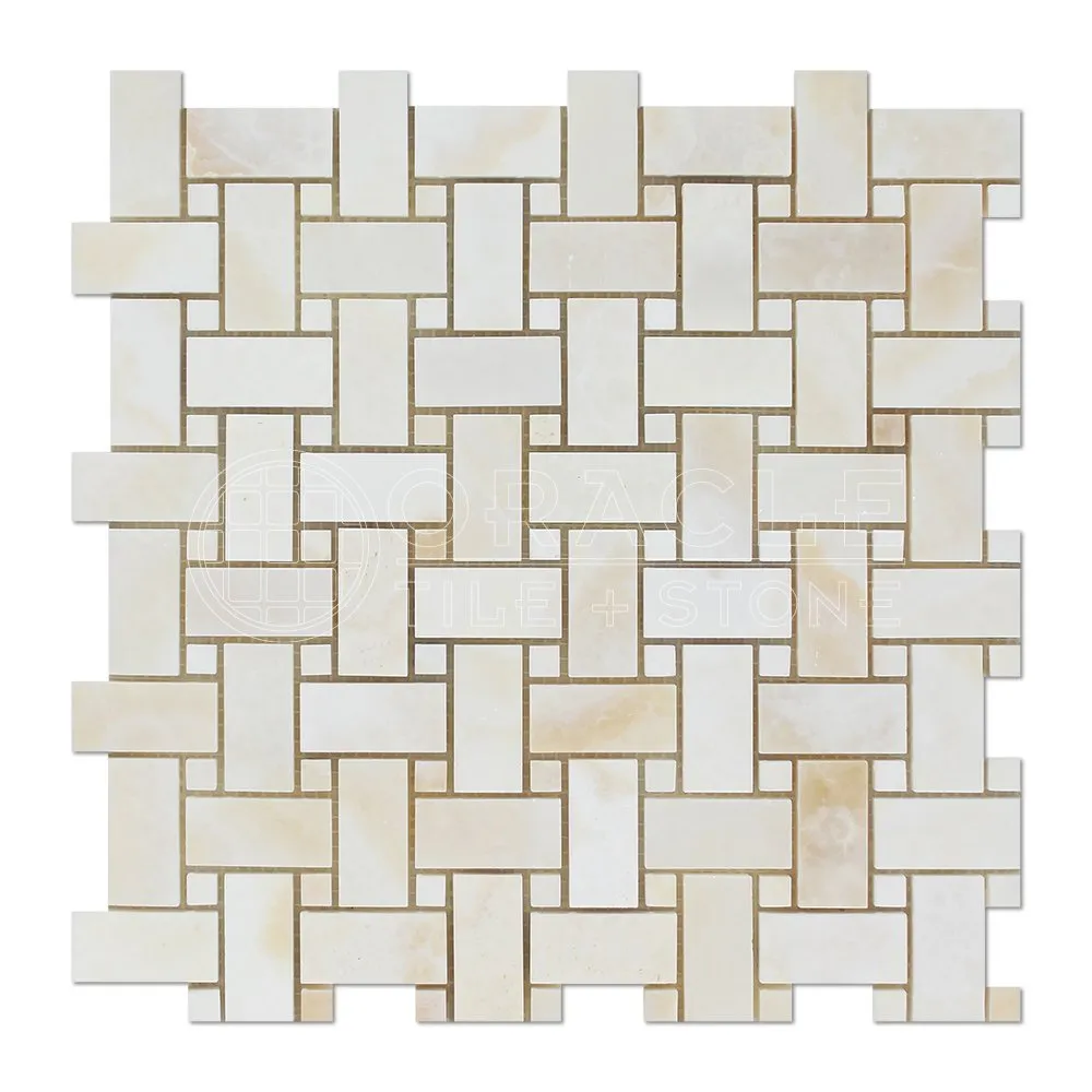 White Onyx Basketweave Mosaic Tile with White Onyx Dots, Cross-Cut, Polished - Box of 5 Sheets