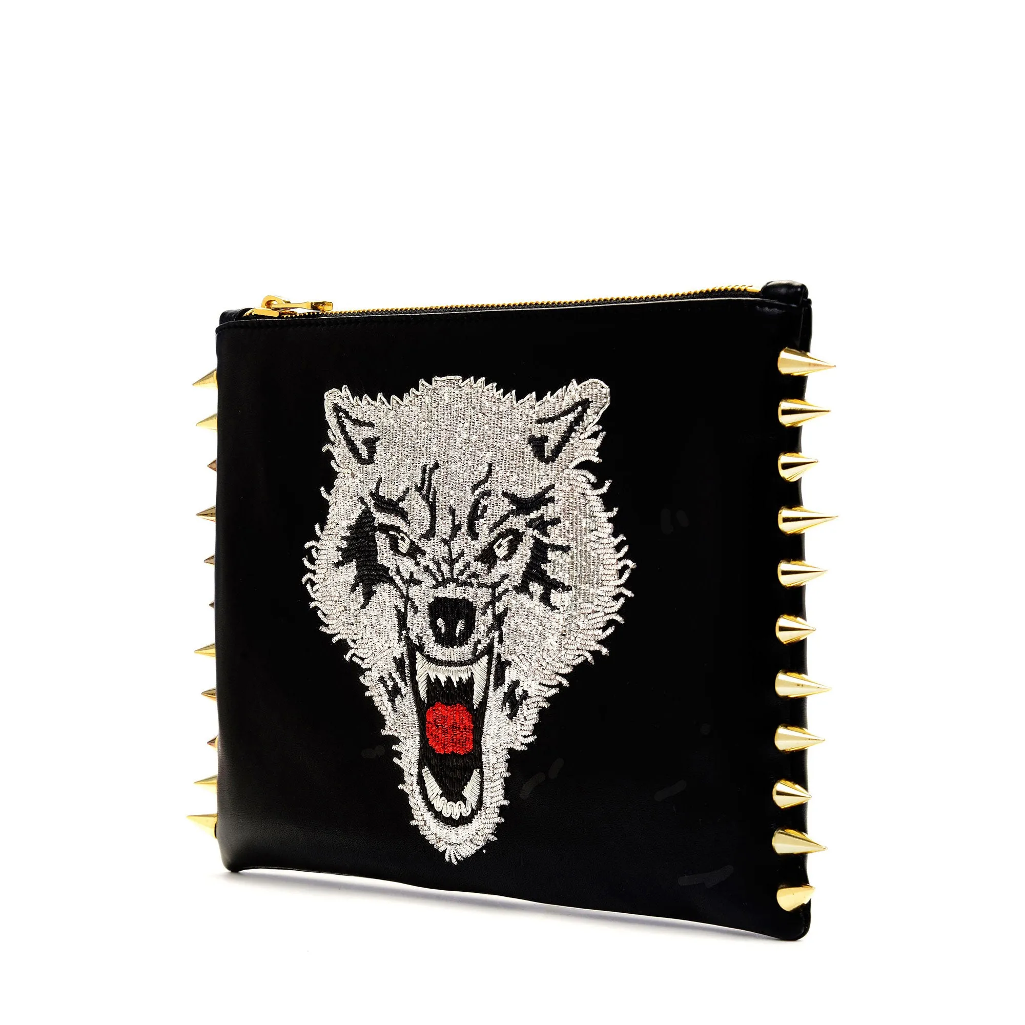 WOLF EMBROIDERED CLUTCH BAG
