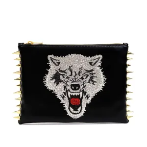 WOLF EMBROIDERED CLUTCH BAG