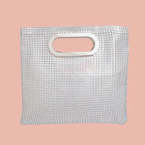 Women's Silver Rhinestone Mesh Clutch Handbag | Silver Handle and Square Design