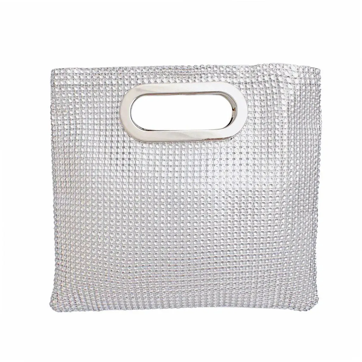 Women's Silver Rhinestone Mesh Clutch Handbag | Silver Handle and Square Design
