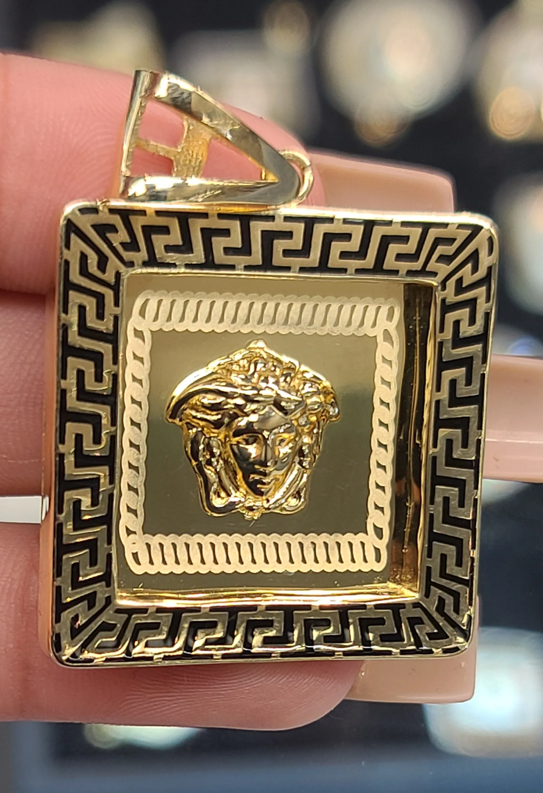 Yellow Gold Square Pendant With Medusa Face
