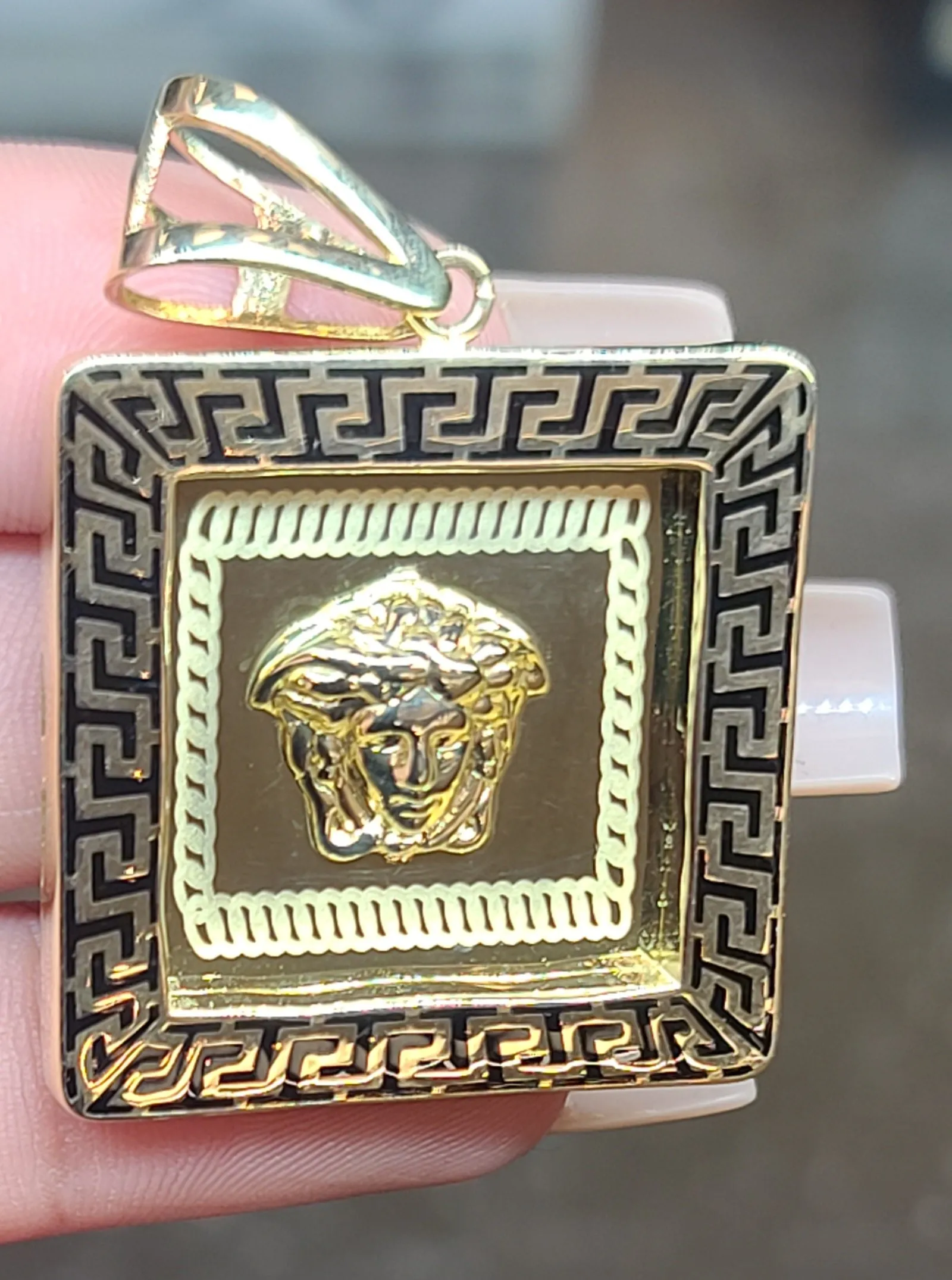 Yellow Gold Square Pendant With Medusa Face