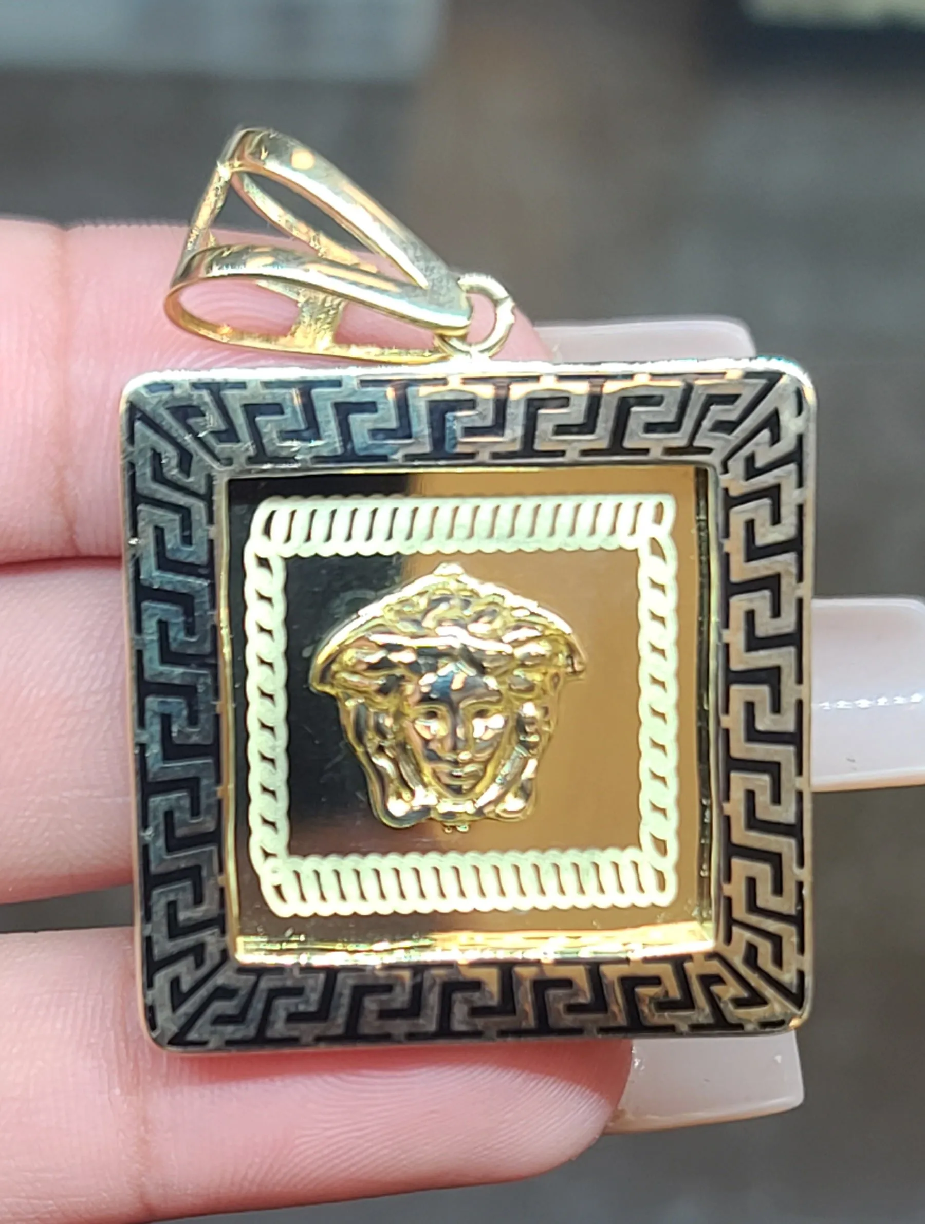 Yellow Gold Square Pendant With Medusa Face