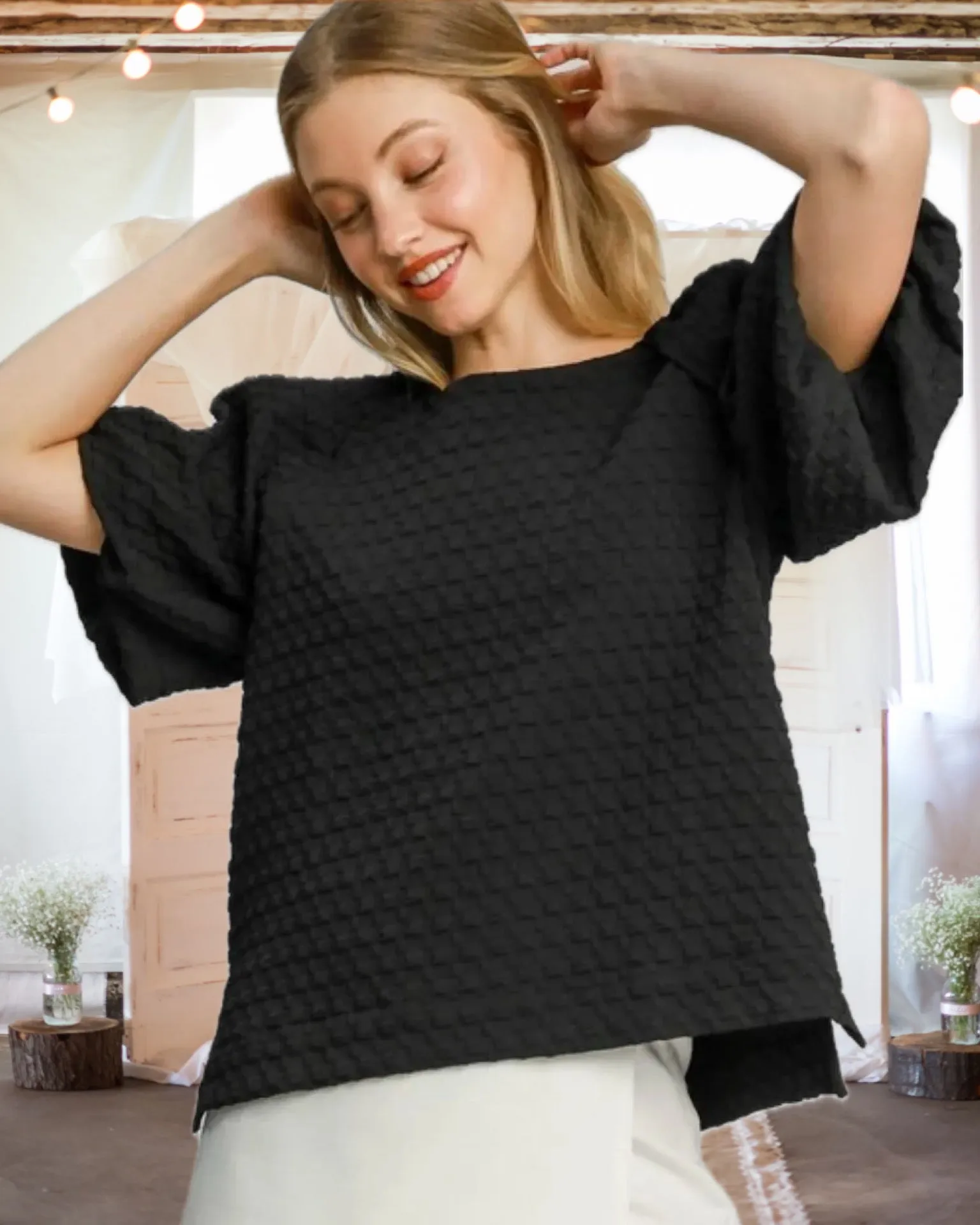 You and Me Together Boxy Cut Jacquard Top in Black - Misses and Curvy
